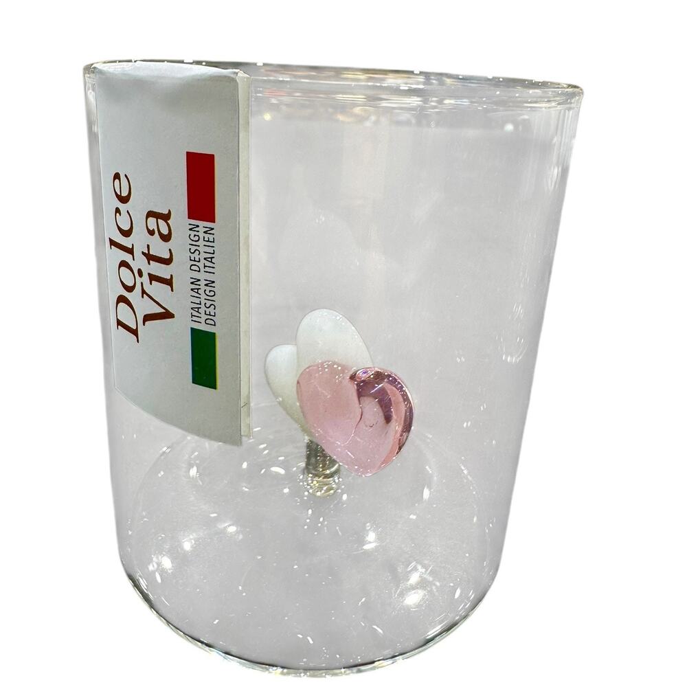 Dolce‎ Vita Clear Glass Tumbler with Pink White Double Hearts Italy NWT
